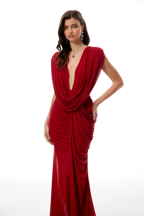 Sienna Red Asymmetrical Draped Maxi Gown