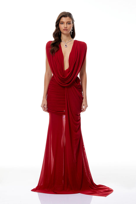 Sienna Red Asymmetrical Draped Maxi Gown