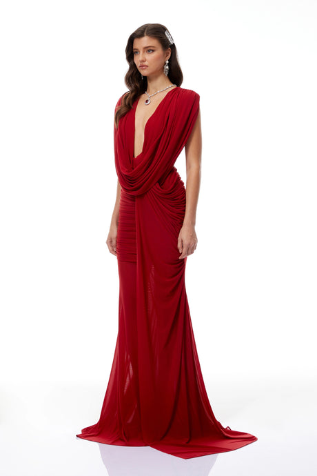 Sienna Red Asymmetrical Draped Maxi Gown