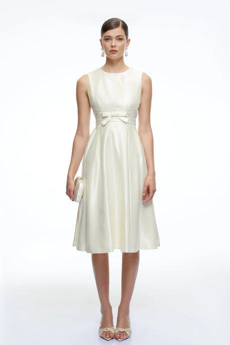 Beatrice Midi Dress White Sleeveless A-Line with Bow