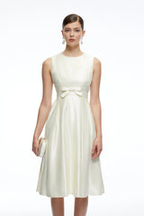 Fiora White Sleeveless ALine Midi Dress with Bow