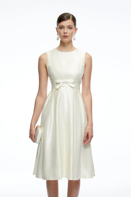 Beatrice Midi Dress White Sleeveless A-Line with Bow