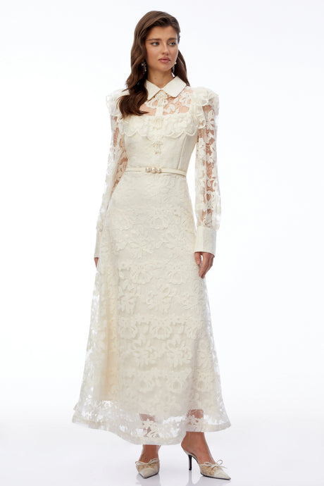 Lauretta Maxi Dress Ivory Collared Floral Lace