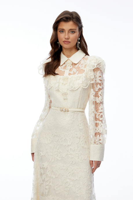 Lauretta Maxi Dress Ivory Collared Floral Lace