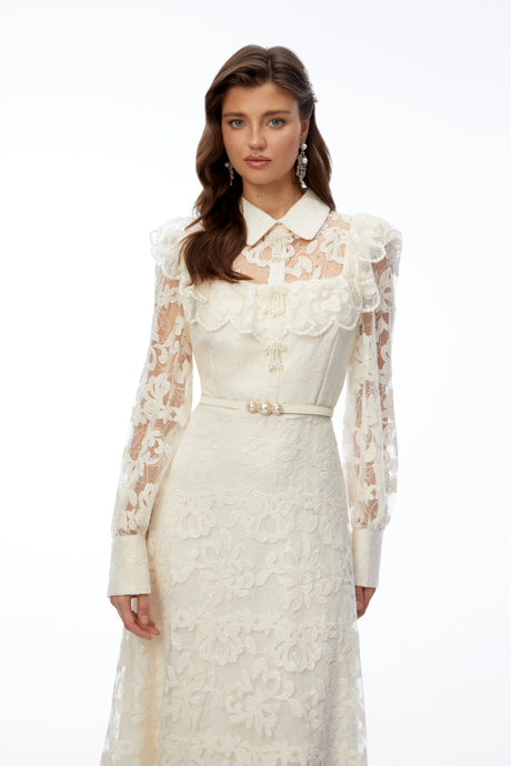 Lauretta Maxi Dress Ivory Collared Floral Lace