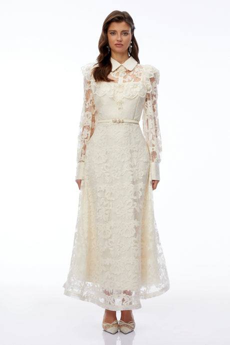 Lauretta Maxi Dress Ivory Collared Floral Lace