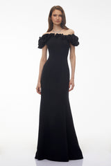 Fiorella Black Off Shoulder Maxi Dress with 3D Florals