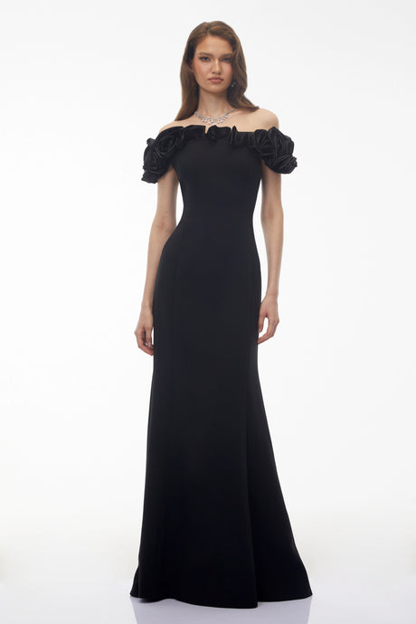 Luisa Maxi Dress Black Off Shoulder with 3D Florals