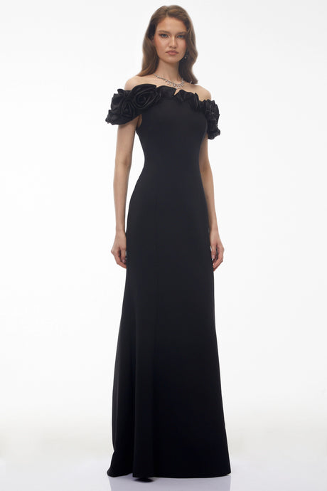 Luisa Maxi Dress Black Off Shoulder with 3D Florals