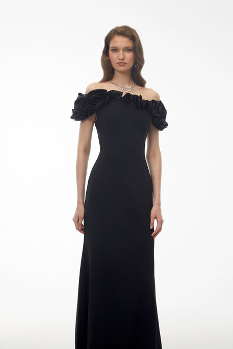 Luisa Maxi Dress Black Off Shoulder with 3D Florals
