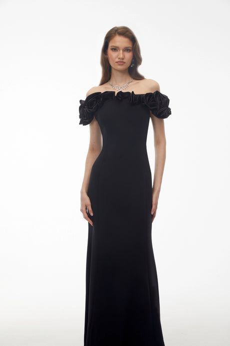 Luisa Maxi Dress Black Off Shoulder with 3D Florals