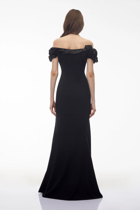 Luisa Maxi Dress Black Off Shoulder with 3D Florals