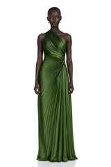 Firoozeh Emerald Green One Shoulder Pleated Maxi Dress