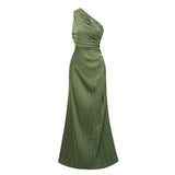 Firoozeh Emerald Green One Shoulder Pleated Maxi Dress