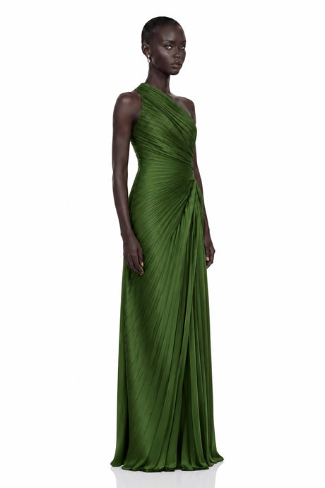 Aida Maxi Dress Emerald Green One Shoulder Pleated