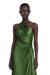 Firoozeh Emerald Green One Shoulder Pleated Maxi Dress