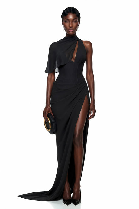 Eulalia Maxi Dress Black Asymmetrical Bodycon