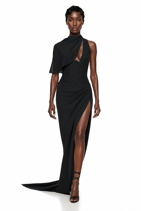 Eulalia Maxi Dress Black Asymmetrical Bodycon