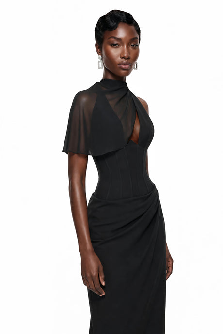 Eulalia Maxi Dress Black Asymmetrical Bodycon