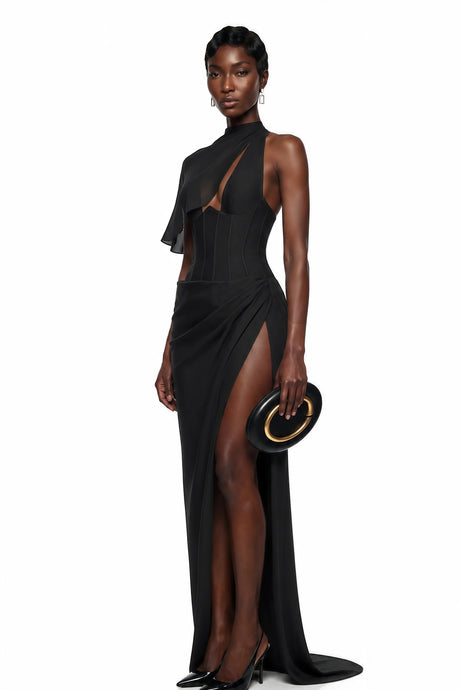 Eulalia Maxi Dress Black Asymmetrical Bodycon