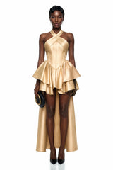 Firuze Gold Cross Front Asymmetrical Tiered Mini Dress