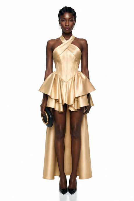 Raffaelina Mini Dress Gold Cross Front Asymmetrical Tiered