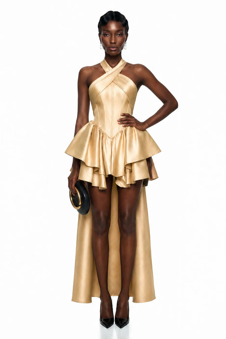 Raffaelina Mini Dress Gold Cross Front Asymmetrical Tiered