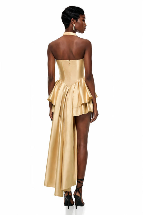 Raffaelina Mini Dress Gold Cross Front Asymmetrical Tiered