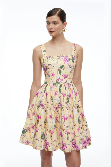 Vera Mini Dress Neutral Floral Square Neck Tiered
