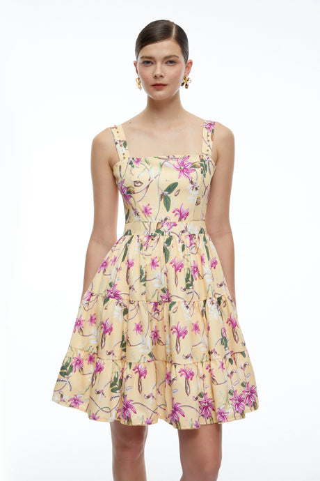Vera Mini Dress Neutral Floral Square Neck Tiered