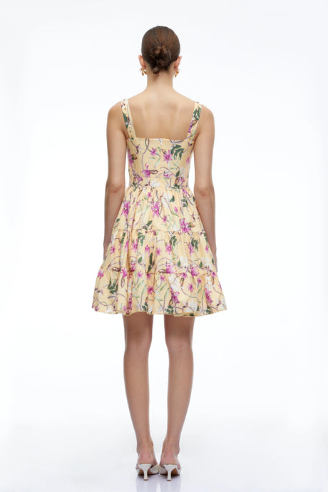 Vera Mini Dress Neutral Floral Square Neck Tiered