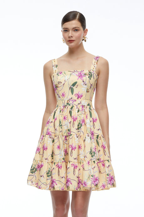 Vera Mini Dress Neutral Floral Square Neck Tiered