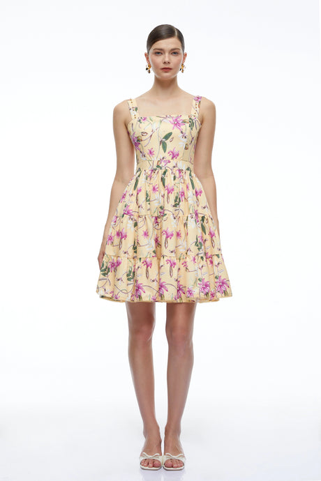 Vera Mini Dress Neutral Floral Square Neck Tiered