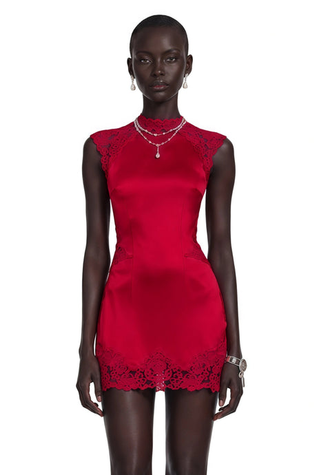 Harmony Mini Dress Red Satin with Lace Trim