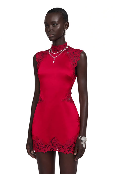 Harmony Mini Dress Red Satin with Lace Trim