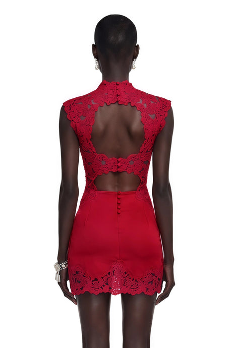 Harmony Mini Dress Red Satin with Lace Trim