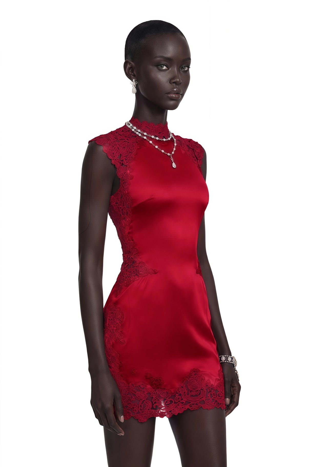 Flavie Red Satin Mini Dress with Lace Trim