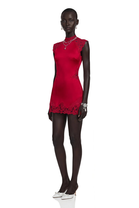 Harmony Mini Dress Red Satin with Lace Trim