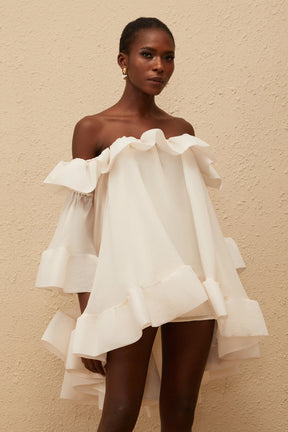 Flavie White Off Shoulder Ruffled Mini Dress