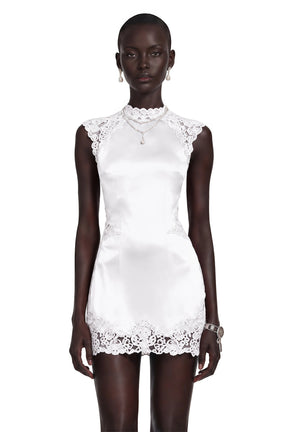 Flavie White Satin Mini Dress with Lace Trim