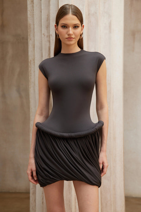Angelina Mini Dress Grey Ruched Bubble Hem