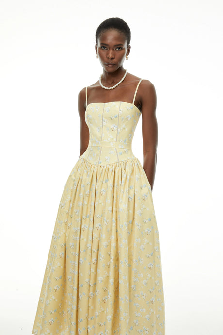 Claire Midi Dress Yellow Floral Print