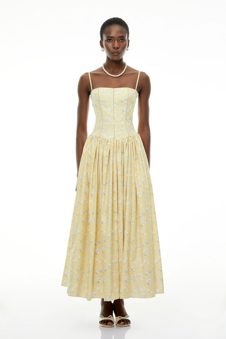 Claire Midi Dress Yellow Floral Print