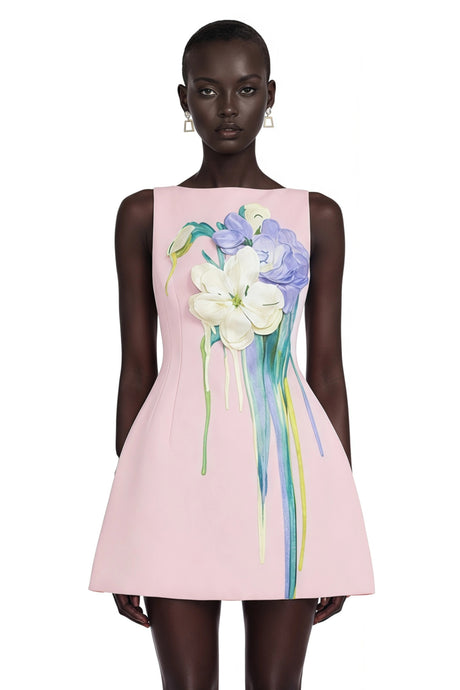 Willa Mini Dress Pink A-Line with Floral Applique