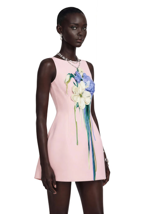 Willa Mini Dress Pink A-Line with Floral Applique
