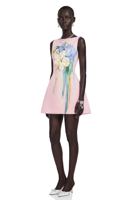 Willa Mini Dress Pink A-Line with Floral Applique