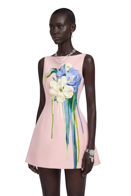 Willa Mini Dress Pink A-Line with Floral Applique