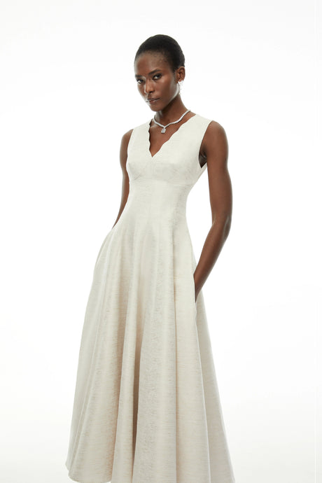 Rhea Maxi Dress Cream V-Neck Flared Satin
