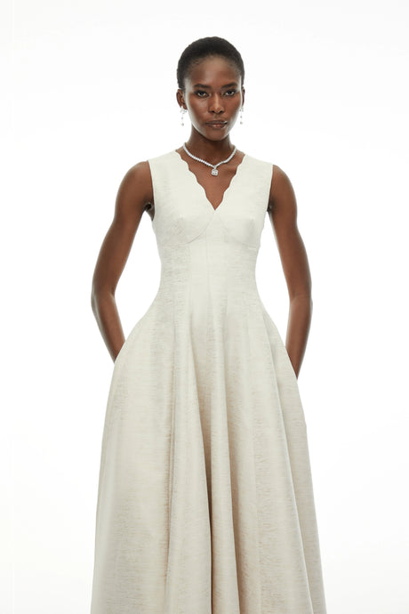 Rhea Maxi Dress Cream V-Neck Flared Satin