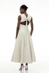 Florence Cream VNeck Flared Satin Maxi Dress